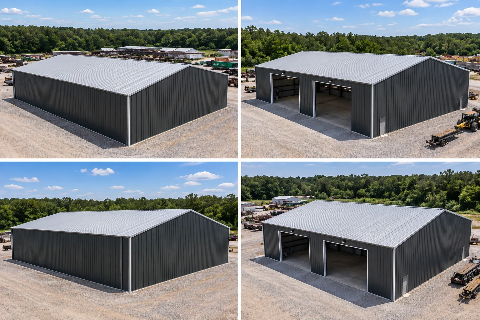 Four supplied exterior views of the gray shop building